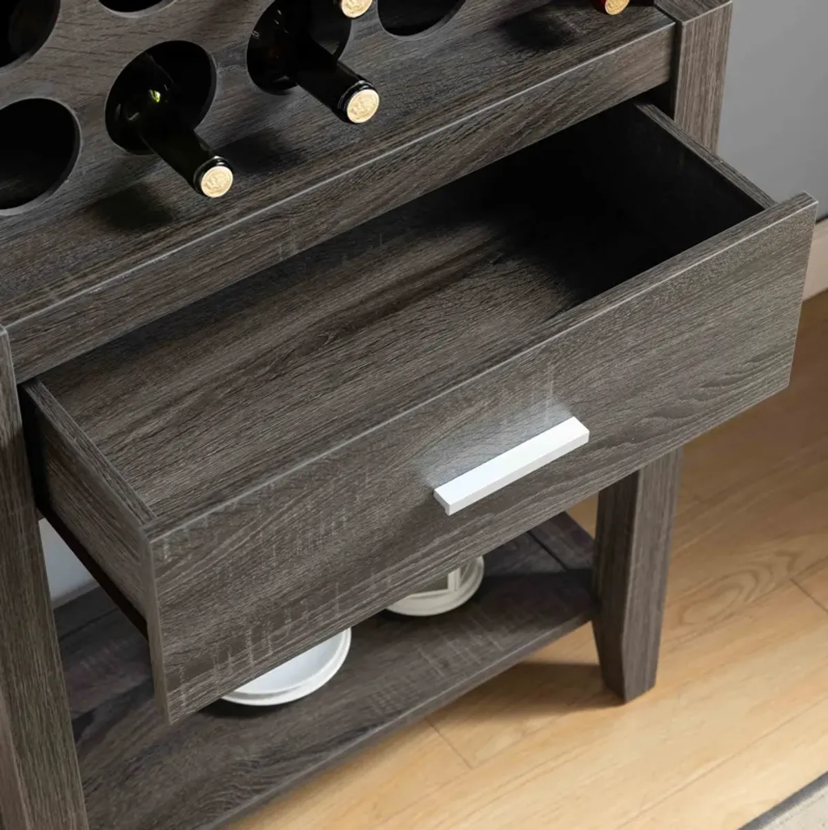 Wine Bar Cabinet, Kitchen Storage Cabinet With Drawer And Open Shelves - Distressed Gray