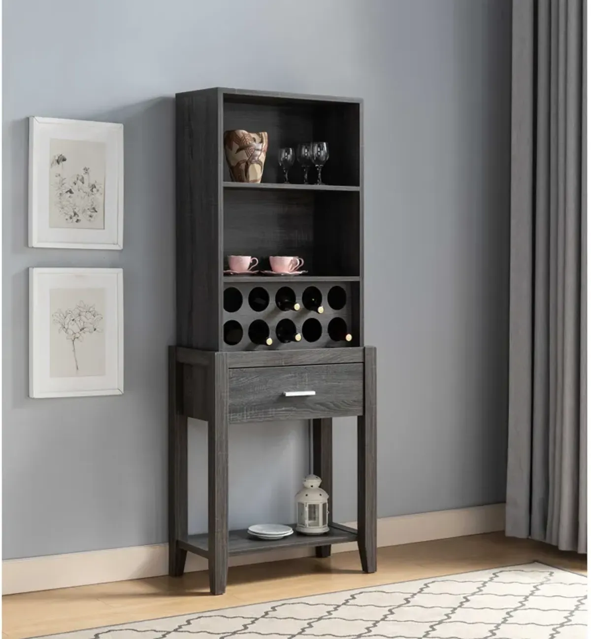 Wine Bar Cabinet, Kitchen Storage Cabinet With Drawer And Open Shelves - Distressed Gray