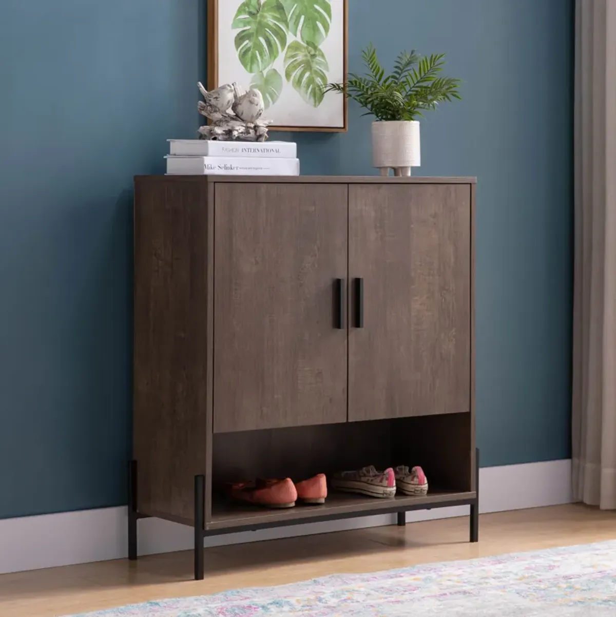 Home Entryway 5 Tier Shoe Organizing Cabinet With Open Bottom Shelve - Walnut Oak