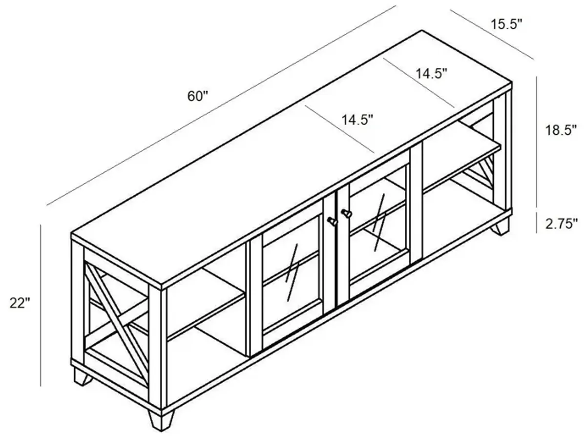 Farmhouse Home Entertainment Center, TV Stand With 4 Shelves And Transparent Center Cabinet - White Oak