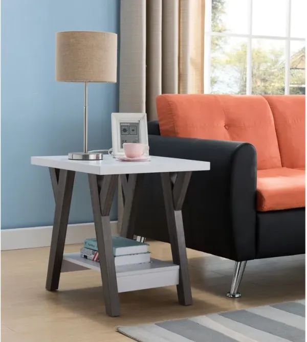 Modern End Table, Chair Side End Table For Living Room With Shelf Display - White