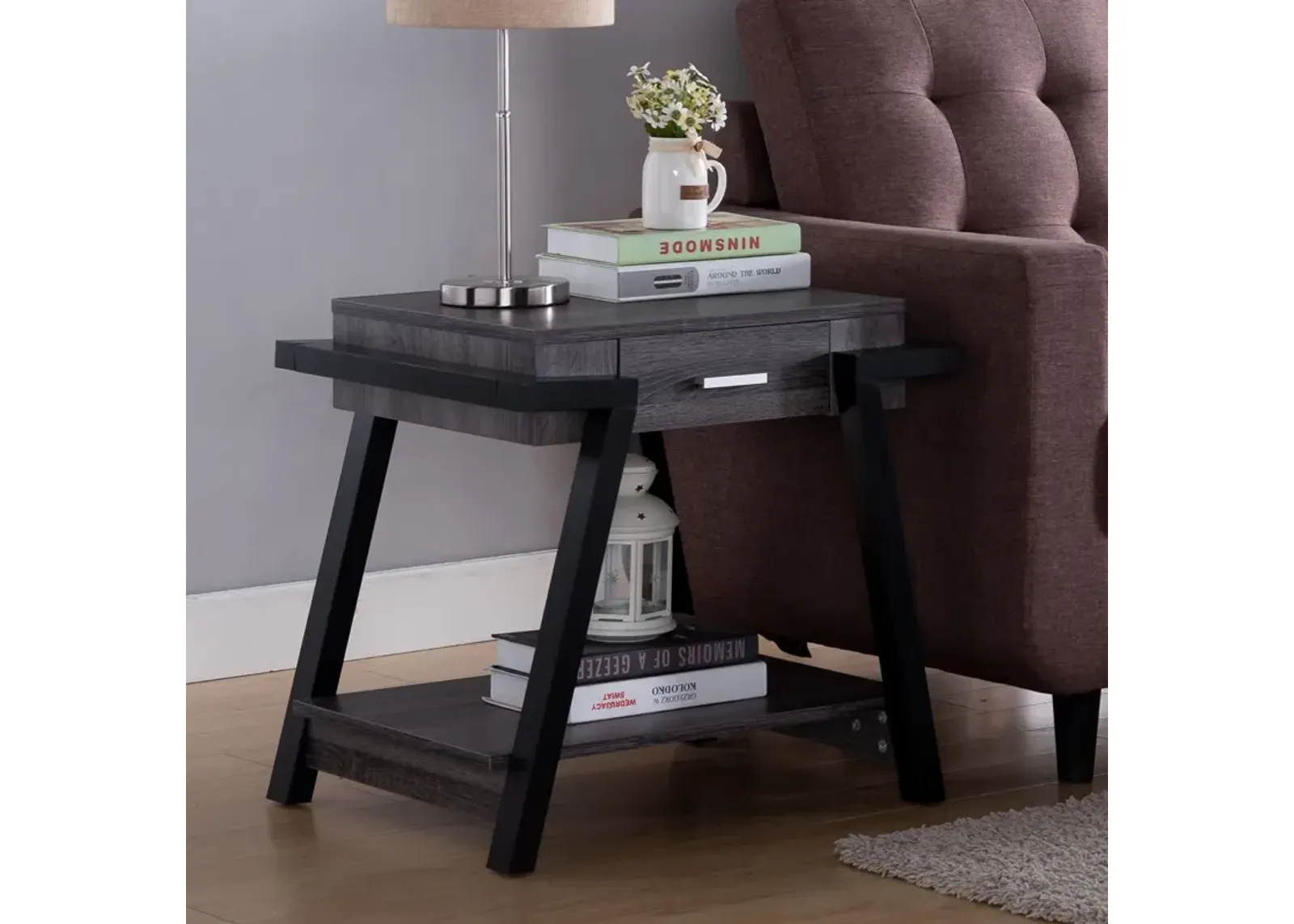 Home End Table With Drawer, Side Table With Storage Shelf - Distressed Gray / Black