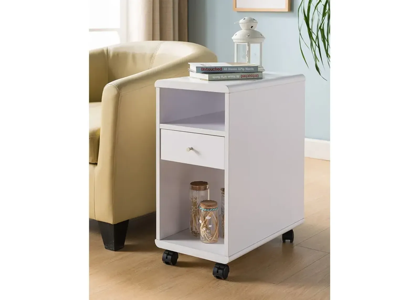 Mobile Chairside Table With Drawer - White