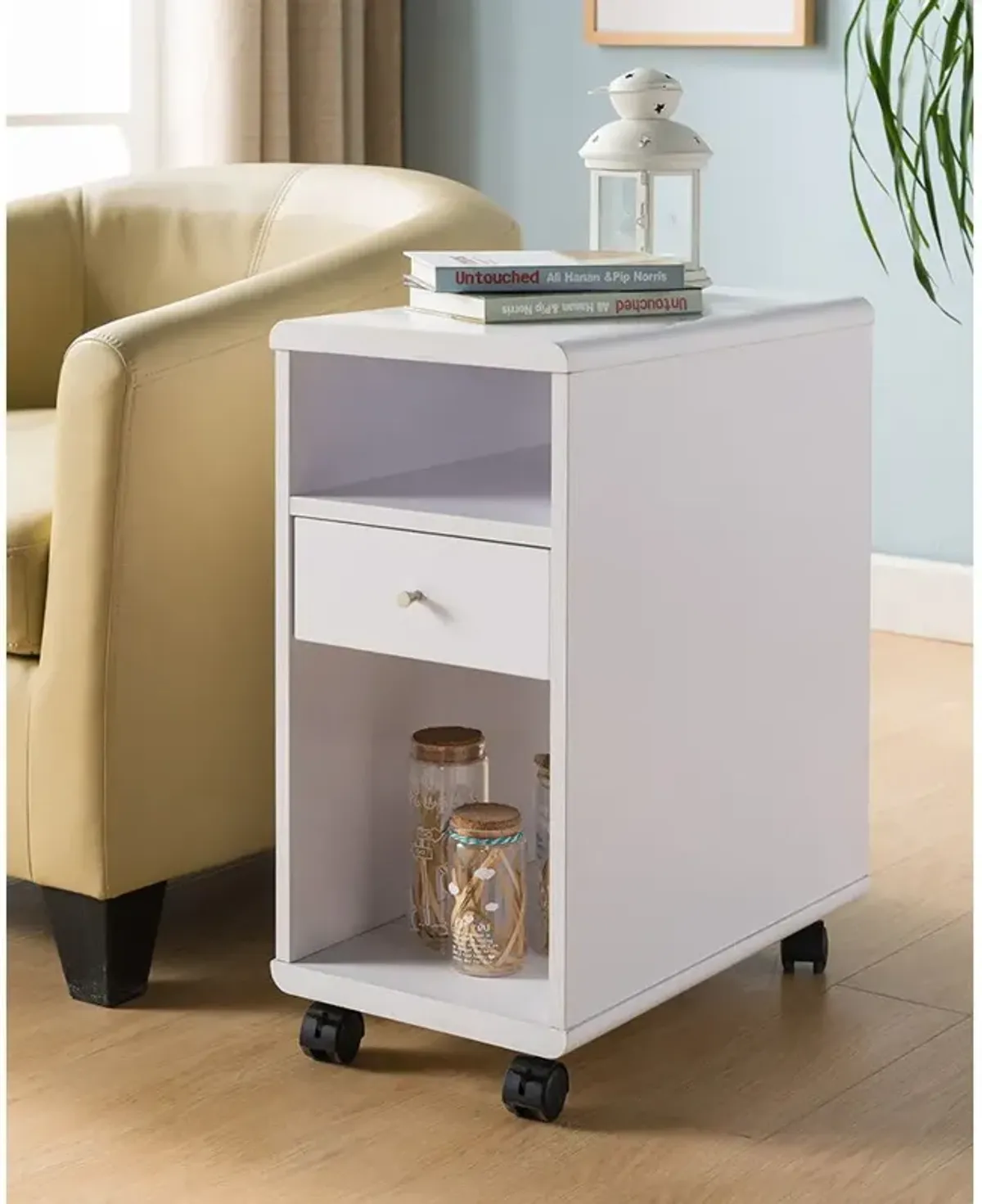 Mobile Chairside Table With Drawer - White