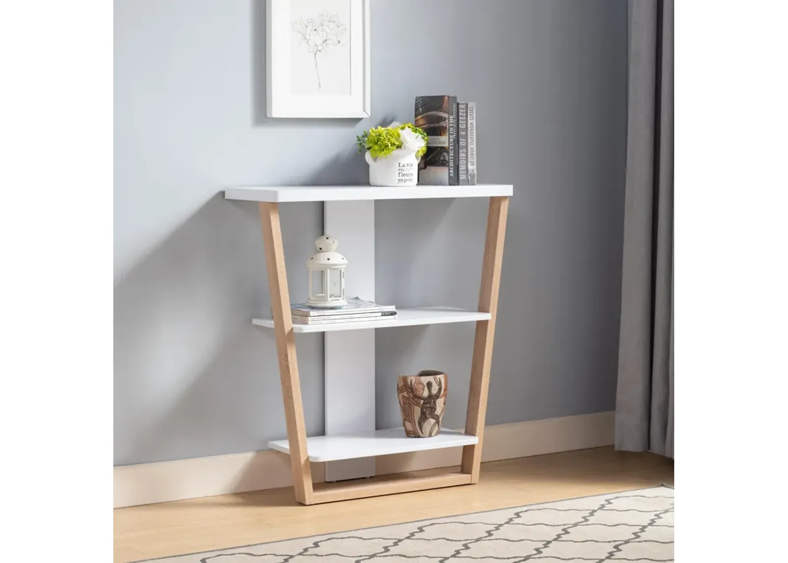 Contemporary Console Table With Three Open Shelves - White / Light Brown