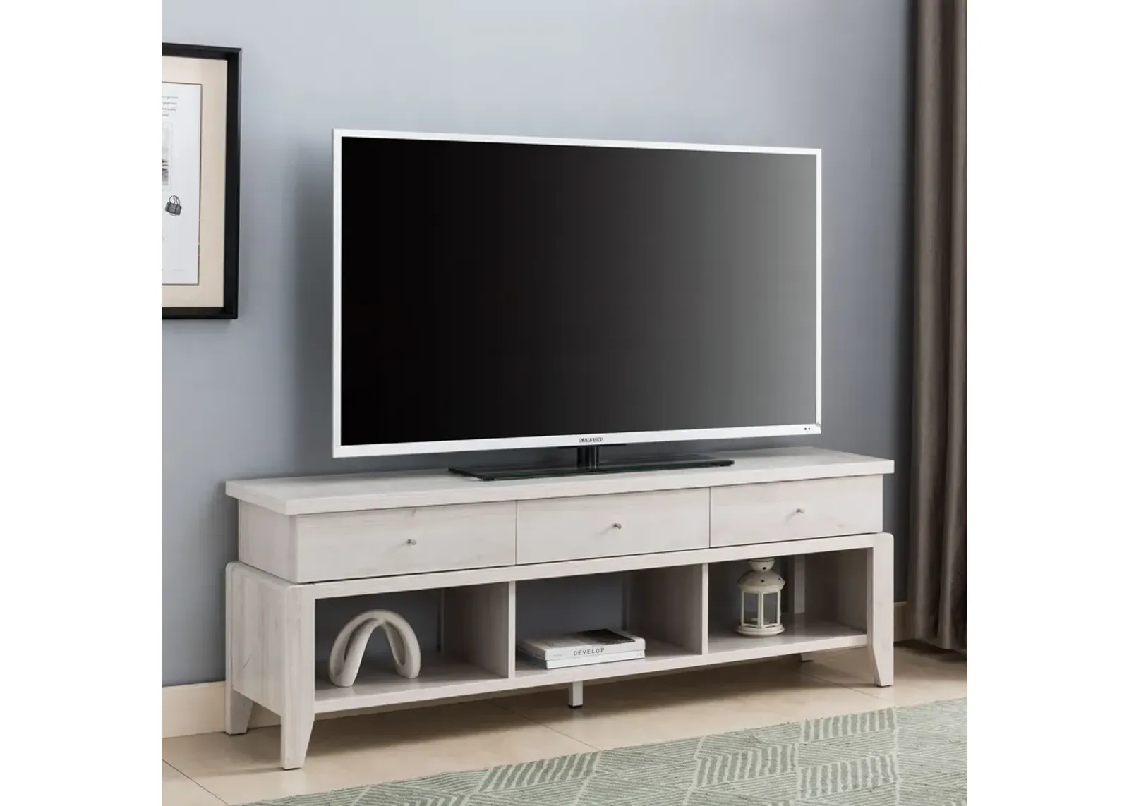 Modern TV Stand With Three Open Shelves And Three Drawers - White