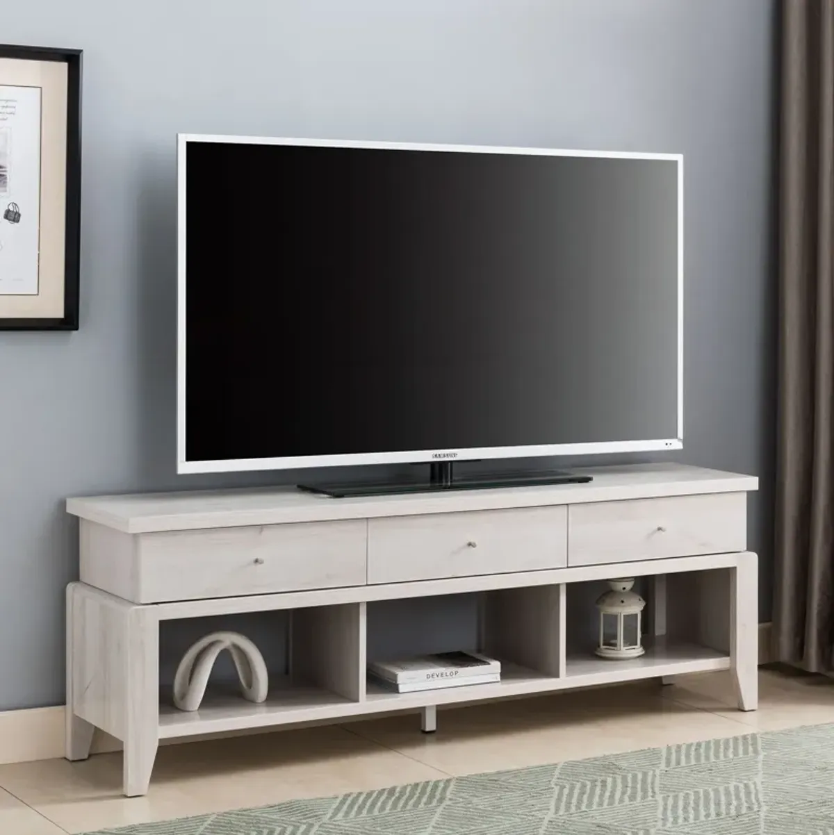 Modern TV Stand With Three Open Shelves And Three Drawers - White