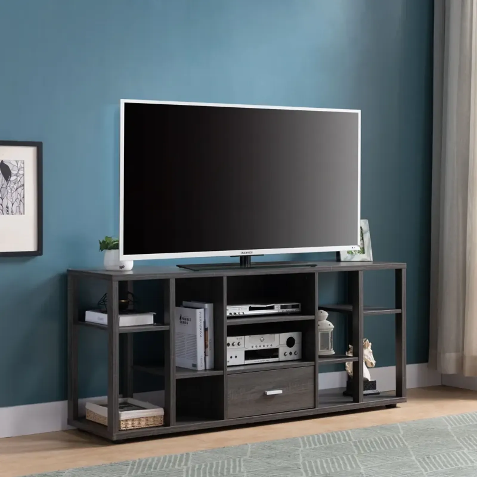 Contemporary TV Stand With Ten Shelves And One Drawer - Gray