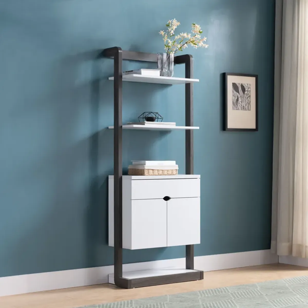 Contemporary Bookcase Four Open Shelve One Drawer Two Cabinets With Open Shelve - White / Gray