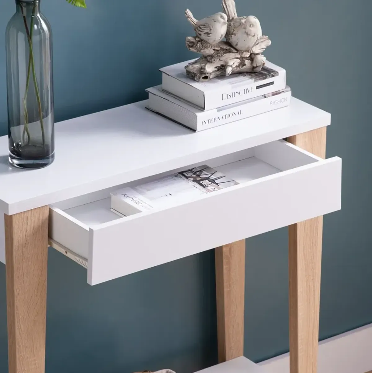 Modern Two Toned Console With Two Shelves - White / Tan