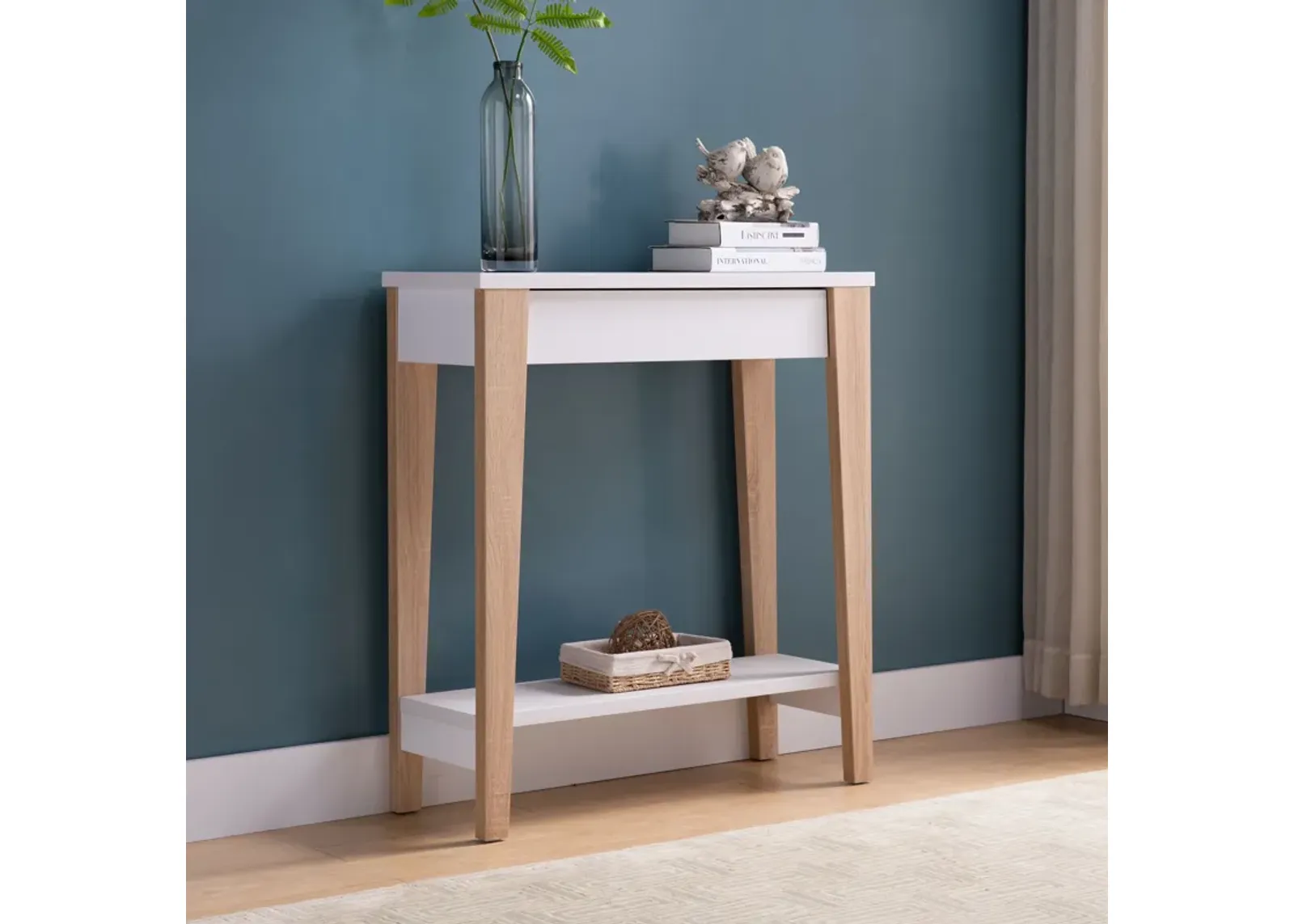 Modern Two Toned Console With Two Shelves - White / Tan