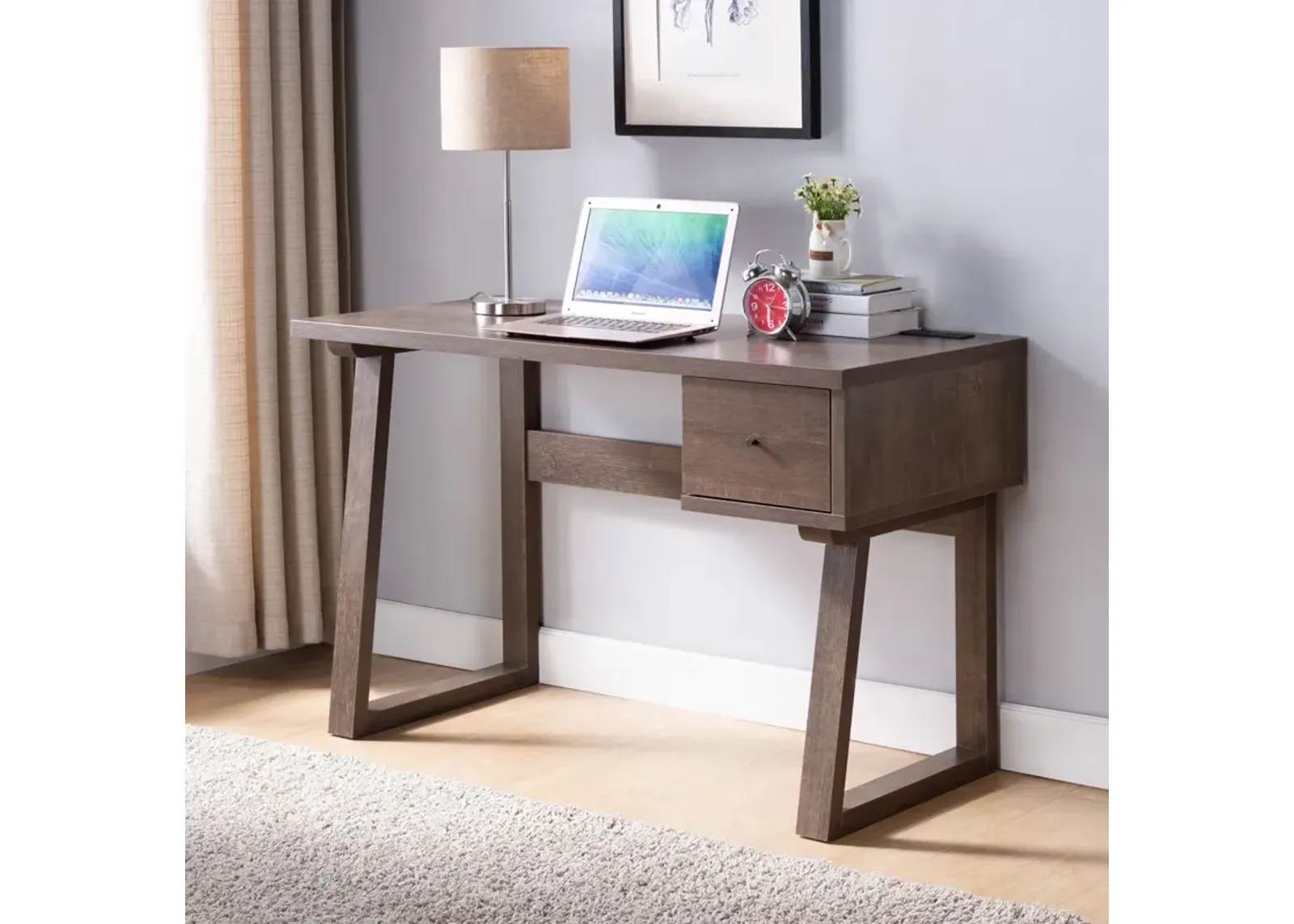 Writing Desk With One Drawer Single Outlet USB Port - Dark Brown