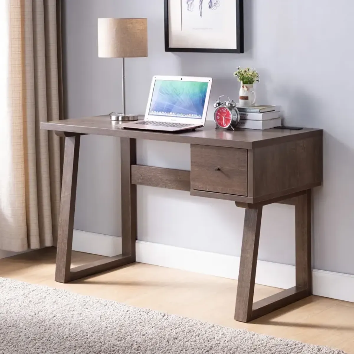 Writing Desk With One Drawer Single Outlet USB Port - Dark Brown