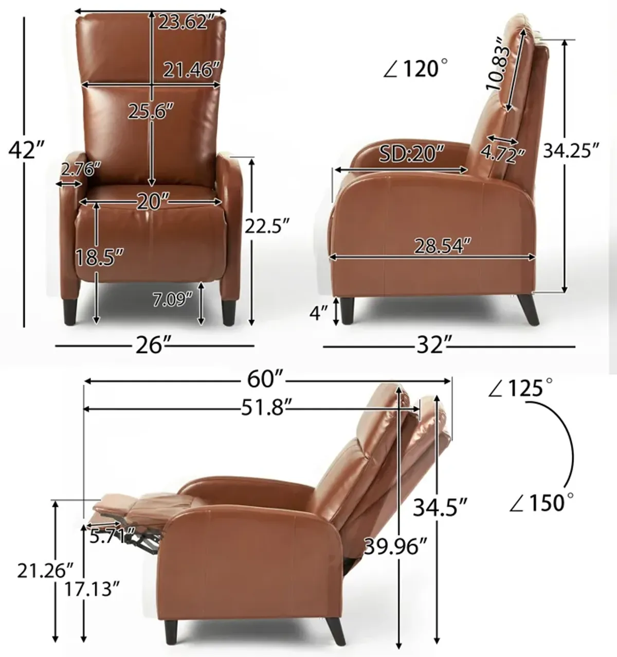 Wide Faux Leather Push Back Standard Recliner - Hazelnut