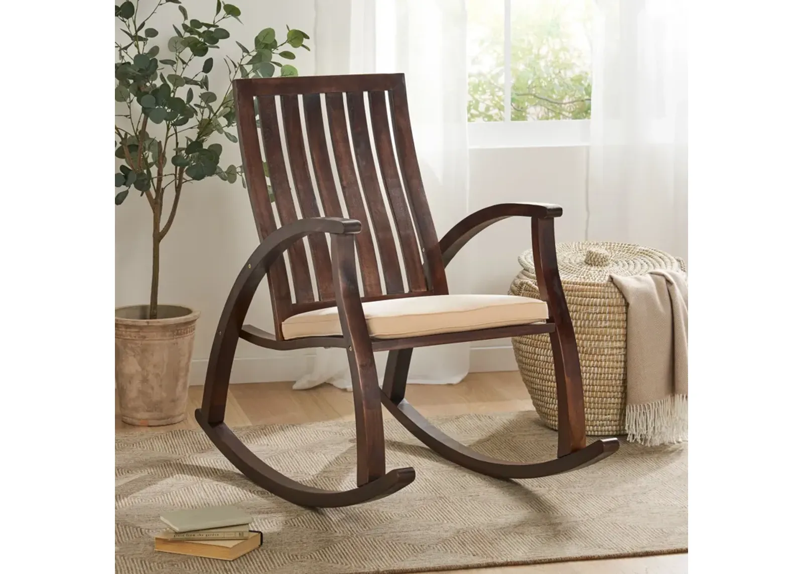 Acacia Wood Rocking Chair With Cushion - Brown