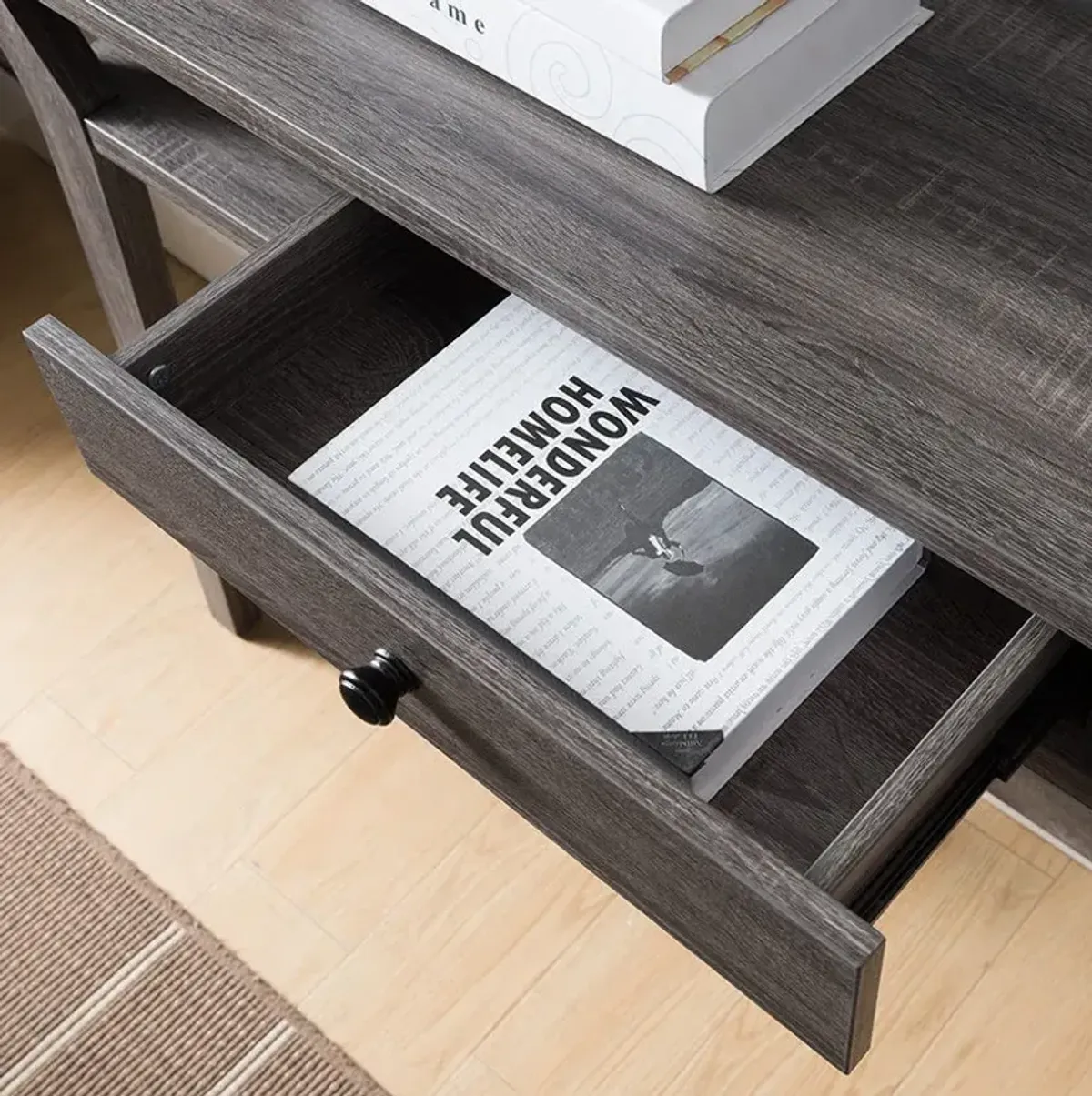 Console Table With One Drawer And Two Open Shelves - Gray