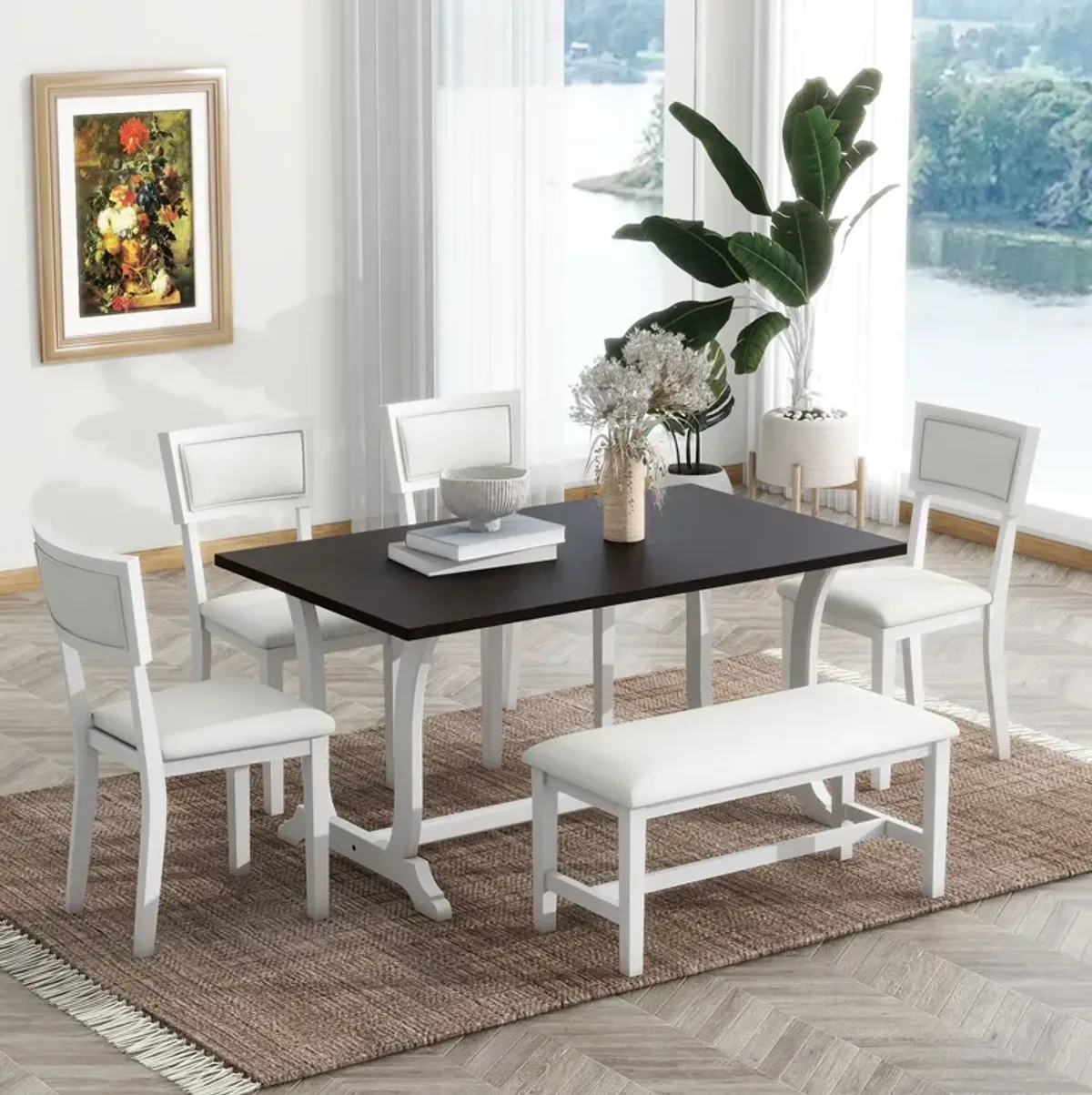 Topmax - 6 Piece Farmhouse Trestle Dining Table Set With Upholstered Dining Chairs And Bench - White