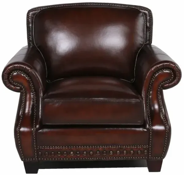 Traditional Roll Arm Nailhead Leather Chair - Brown
