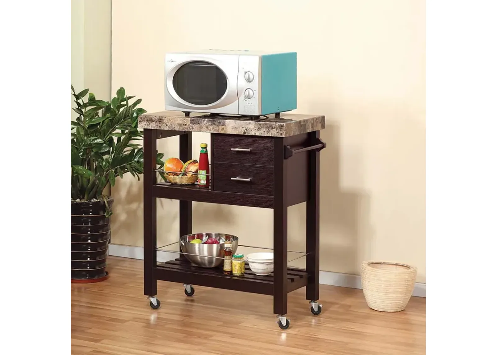 Kitchen Cart Red Cocoa Faux Marble Chunky Thick Top Two Drawers Locking Rubber Wheel Castors Slat Vented Shelves Towel Bar - Espresso