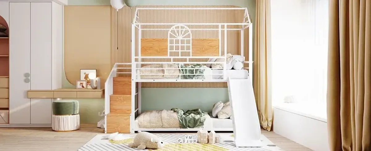 Metal Bunk Bed, Metal Housebed With Slide And Storage Stair