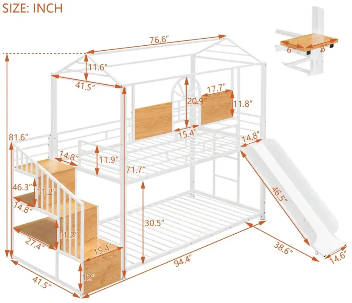 Metal Bunk Bed, Metal Housebed With Slide And Storage Stair