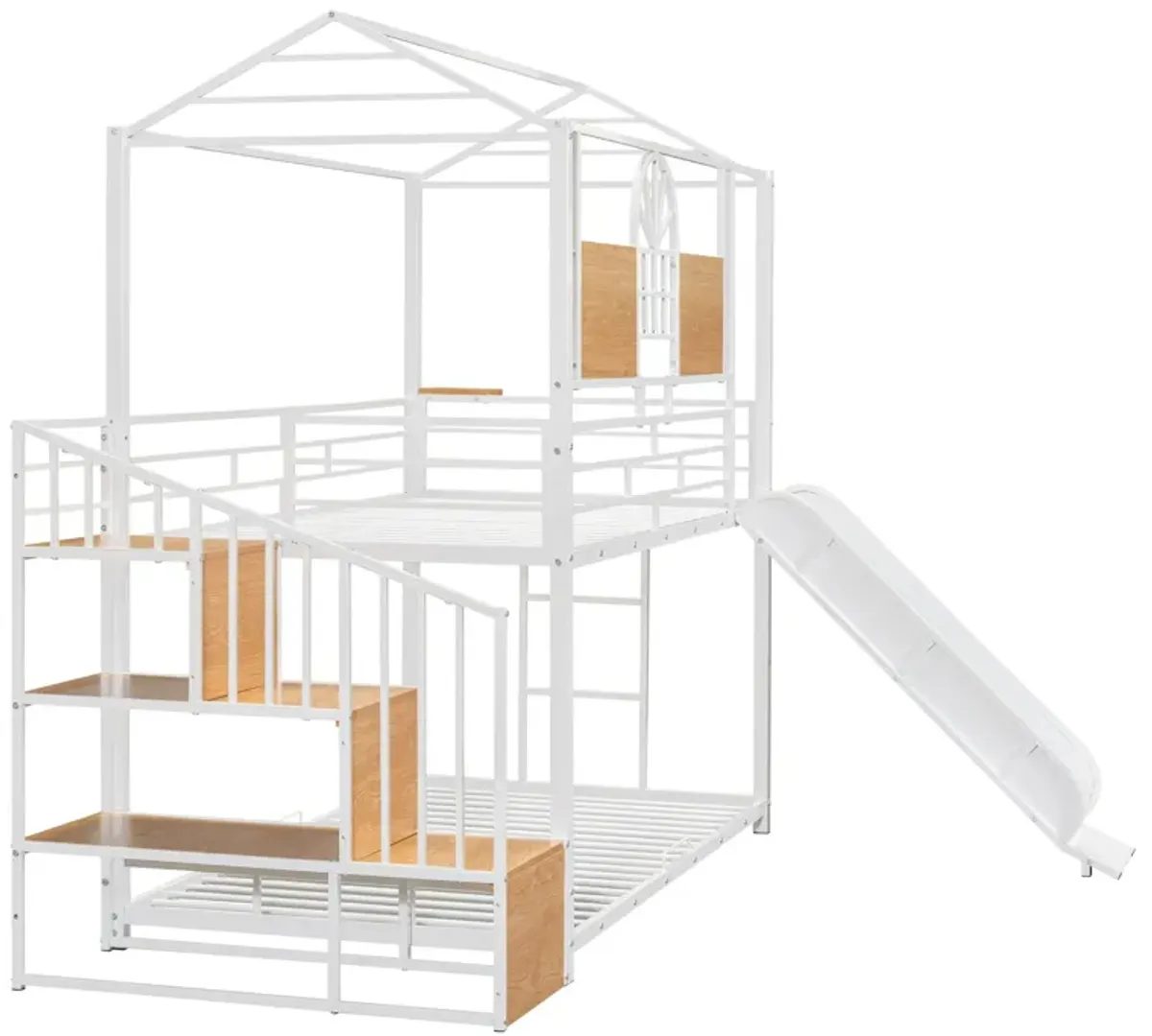 Metal Bunk Bed, Metal Housebed With Slide And Storage Stair