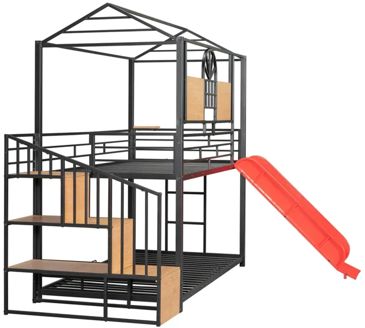 Metal Bunk Bed, Metal Housebed With Slide And Storage Stair