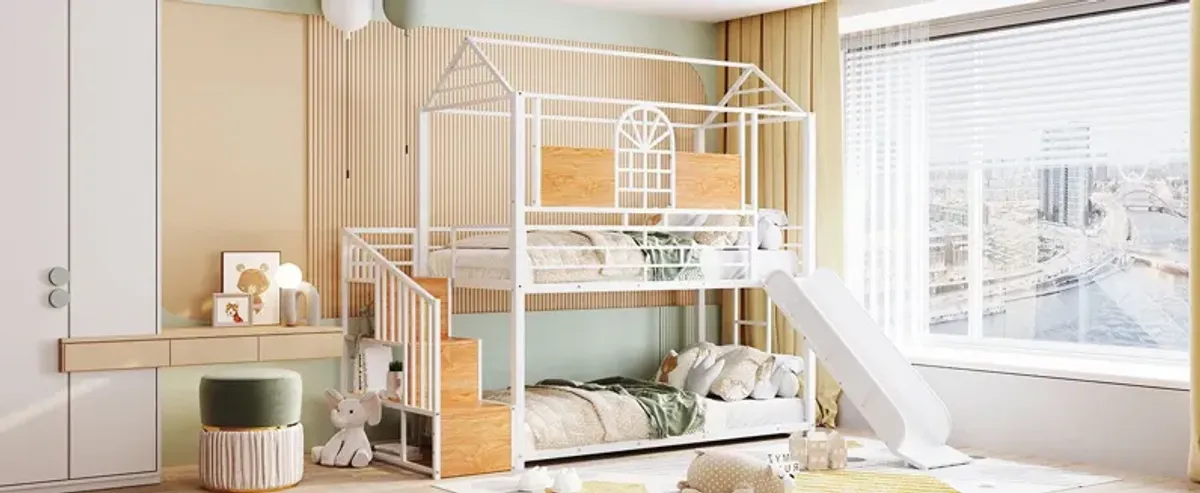 Metal Bunk Bed, Metal Housebed With Slide And Storage Stair