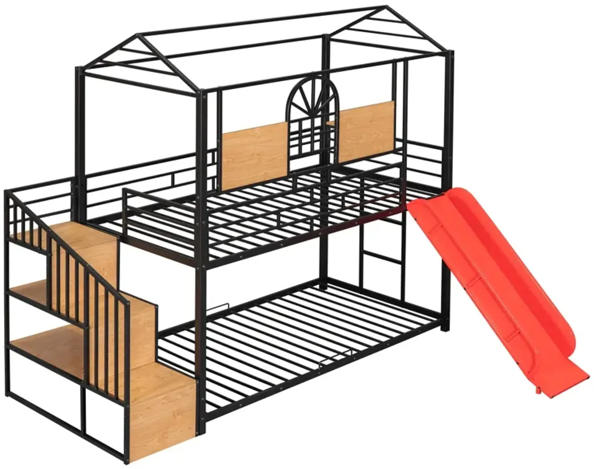 Metal Bunk Bed, Metal Housebed With Slide And Storage Stair