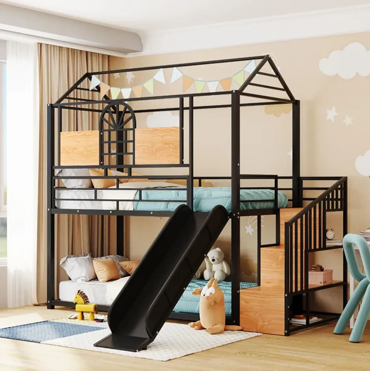 Metal Bunk Bed, Metal Housebed With Slide And Storage Stair