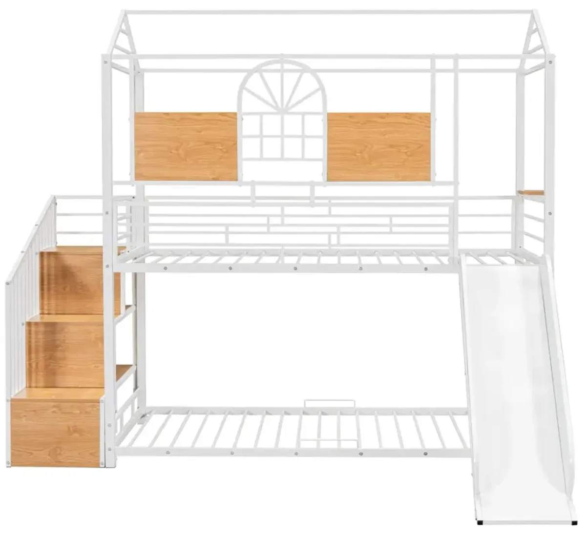 Metal Bunk Bed, Metal Housebed With Slide And Storage Stair