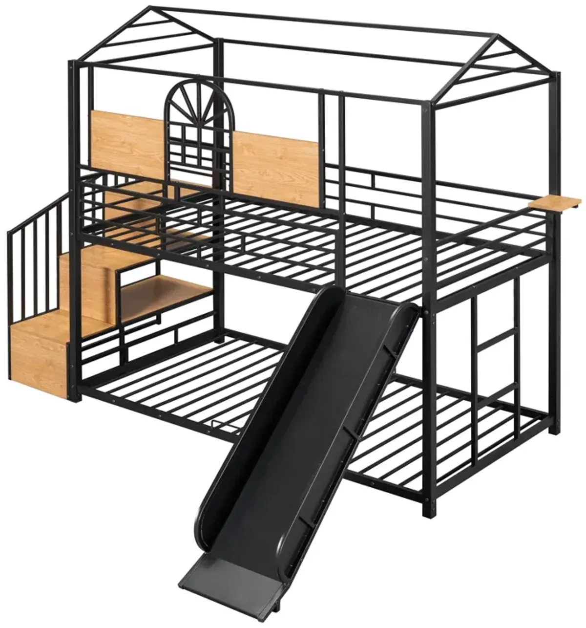 Metal Bunk Bed, Metal Housebed With Slide And Storage Stair