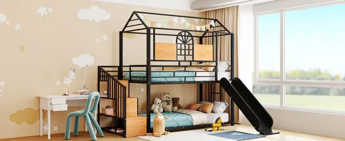 Metal Bunk Bed, Metal Housebed With Slide And Storage Stair