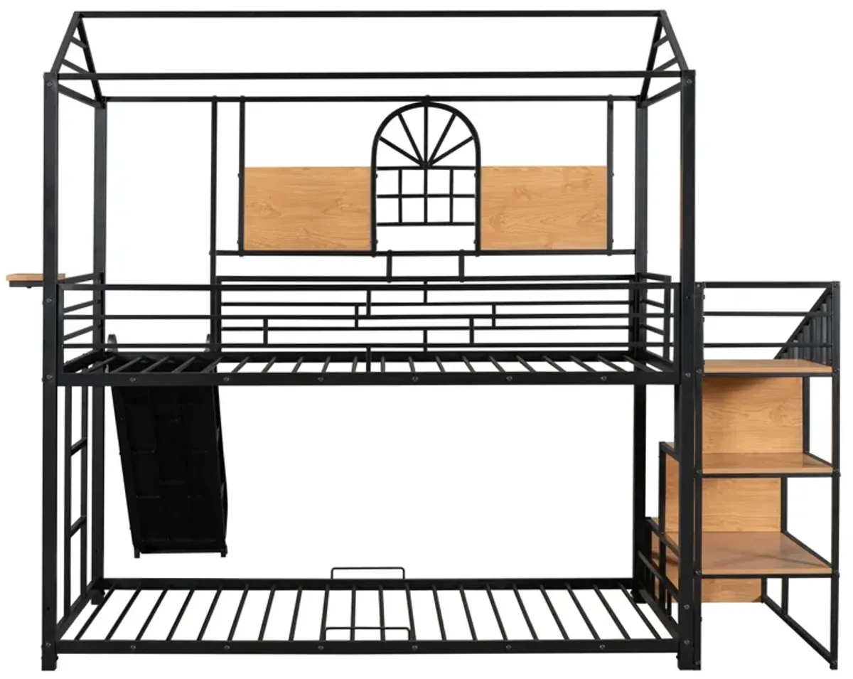 Metal Bunk Bed, Metal Housebed With Slide And Storage Stair