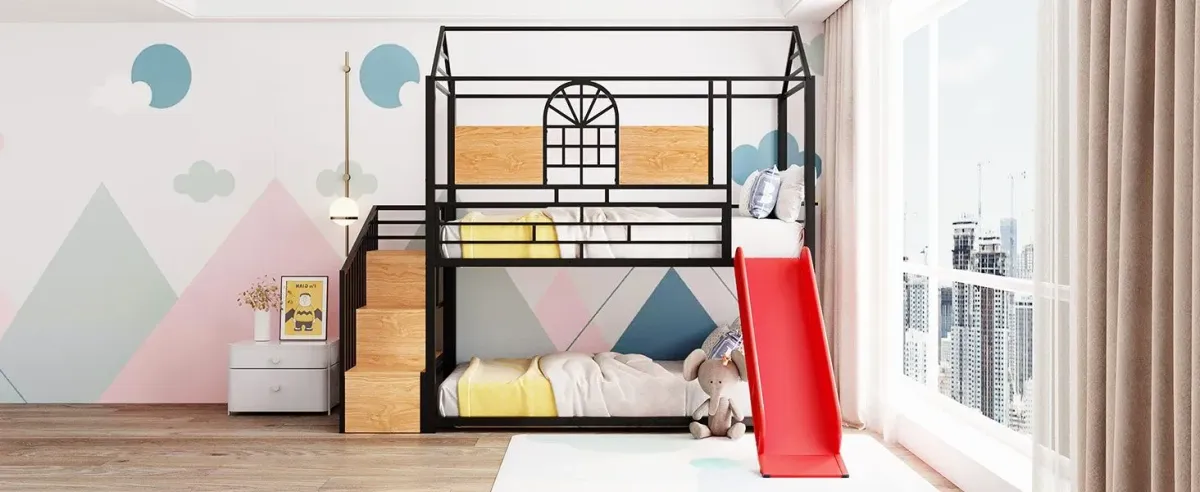 Metal Bunk Bed, Metal Housebed With Slide And Storage Stair