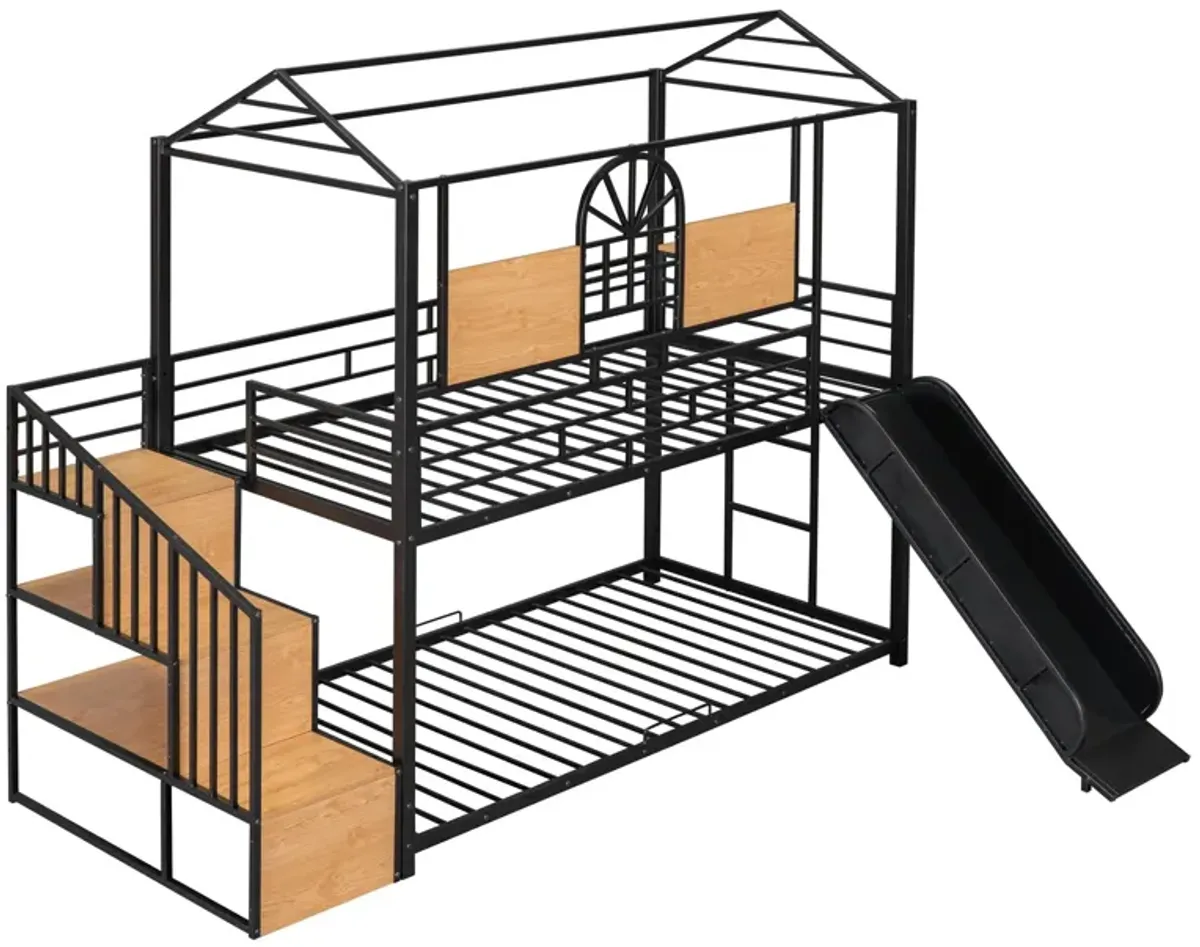 Metal Bunk Bed, Metal Housebed With Slide And Storage Stair