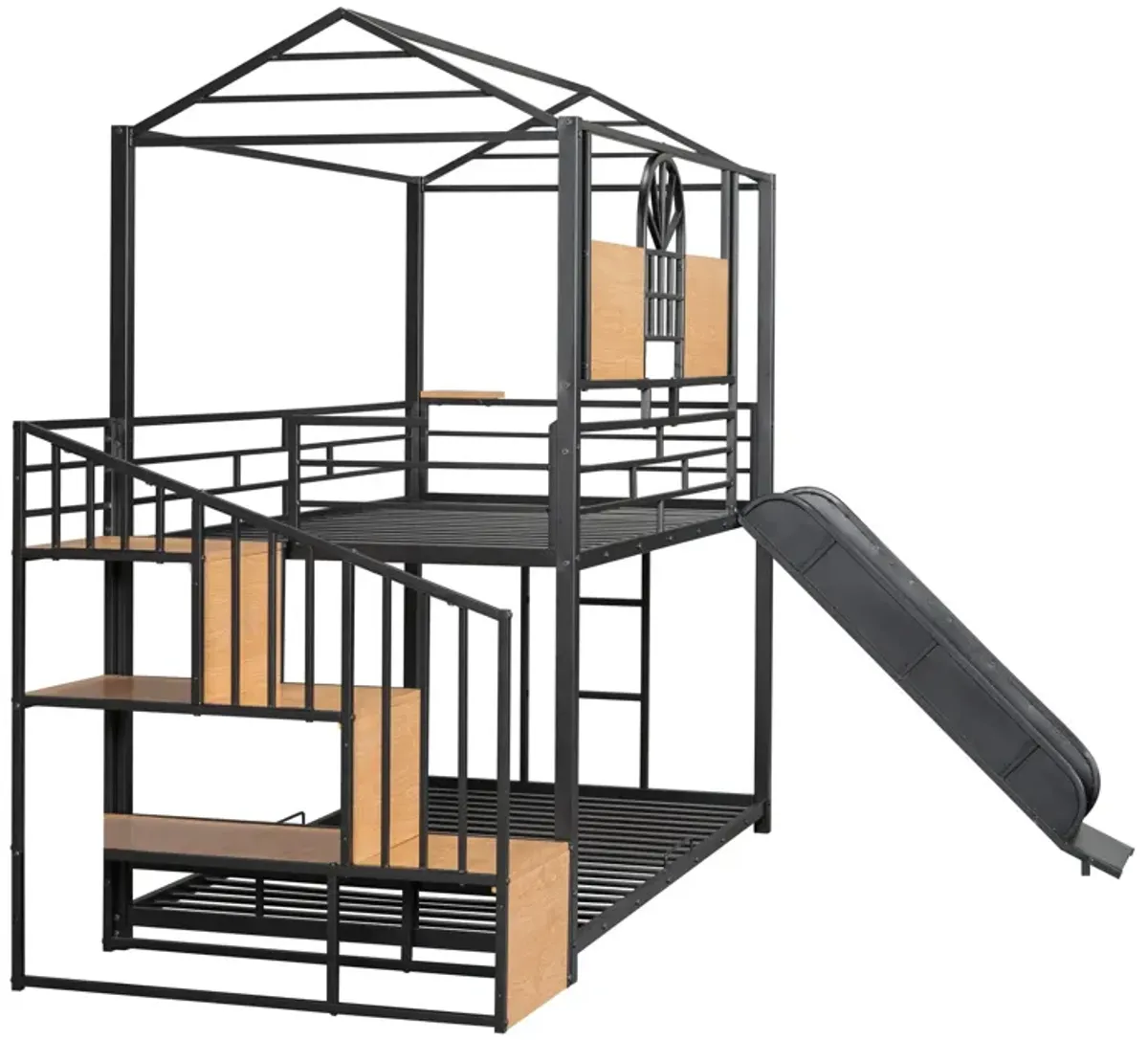 Metal Bunk Bed, Metal Housebed With Slide And Storage Stair