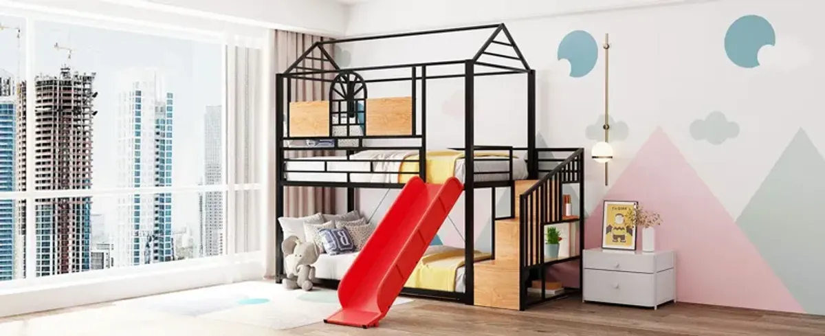 Metal Bunk Bed, Metal Housebed With Slide And Storage Stair