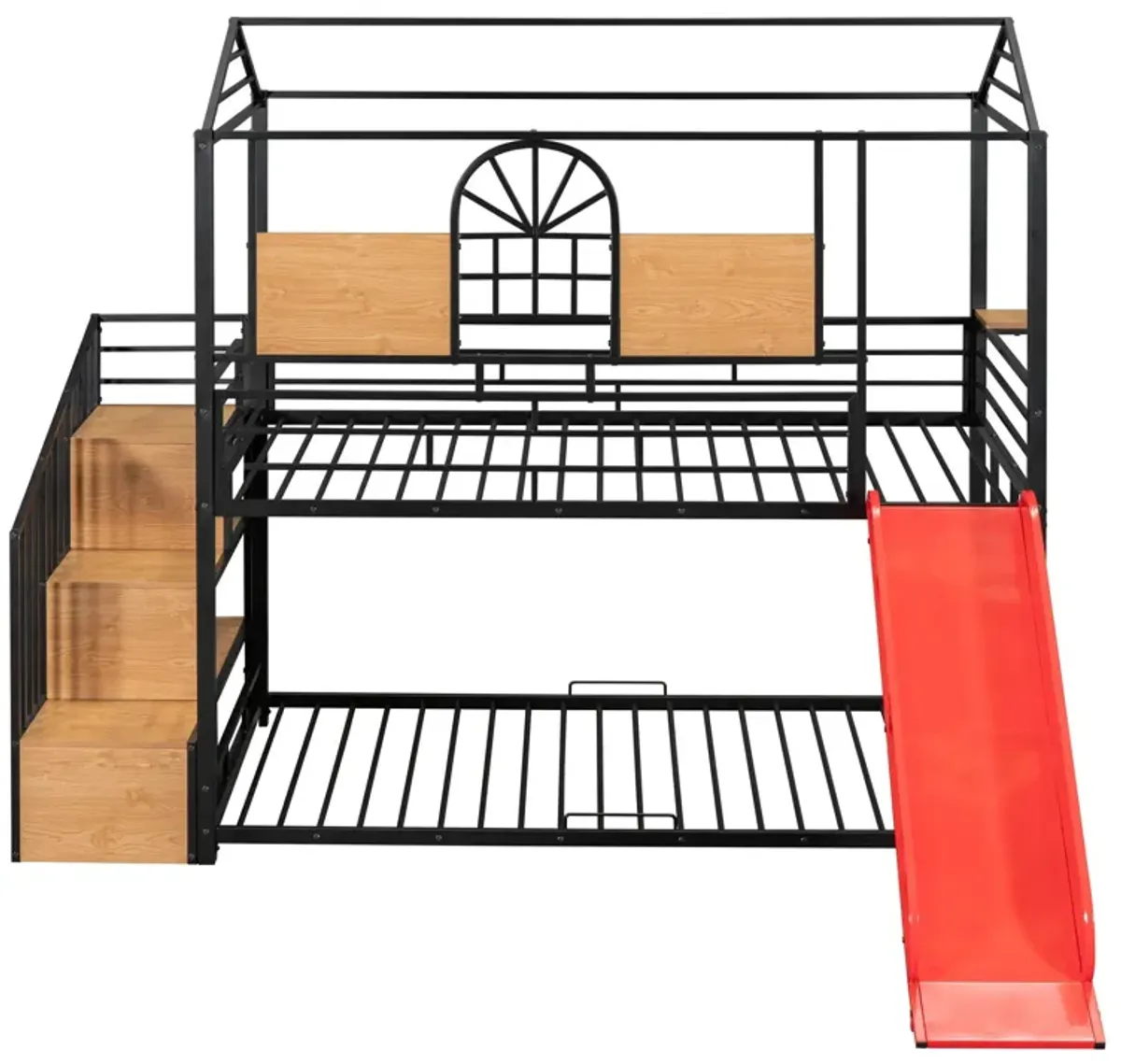 Metal Bunk Bed, Metal Housebed With Slide And Storage Stair