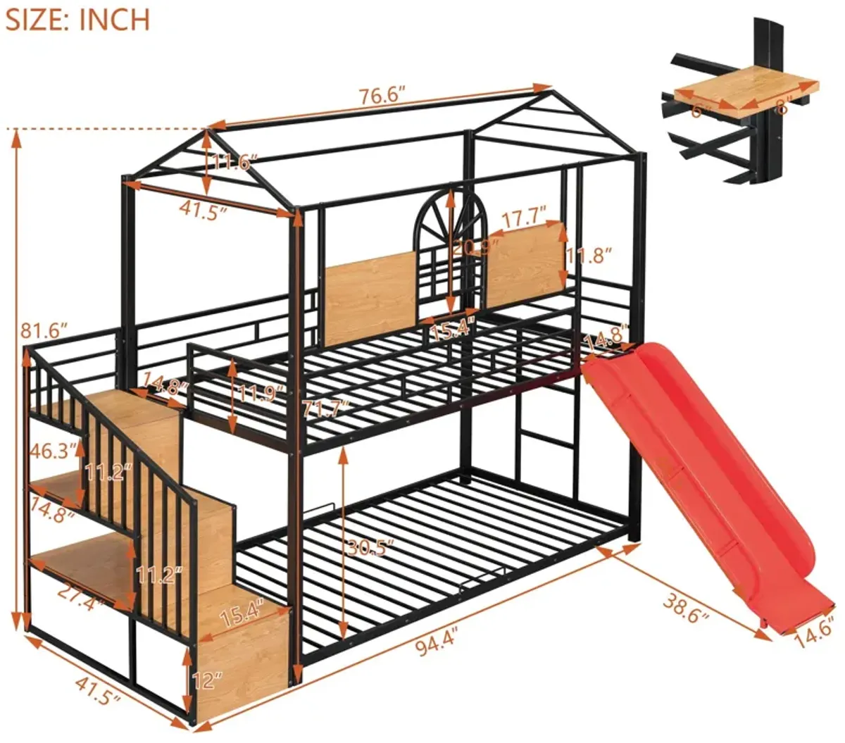 Metal Bunk Bed, Metal Housebed With Slide And Storage Stair