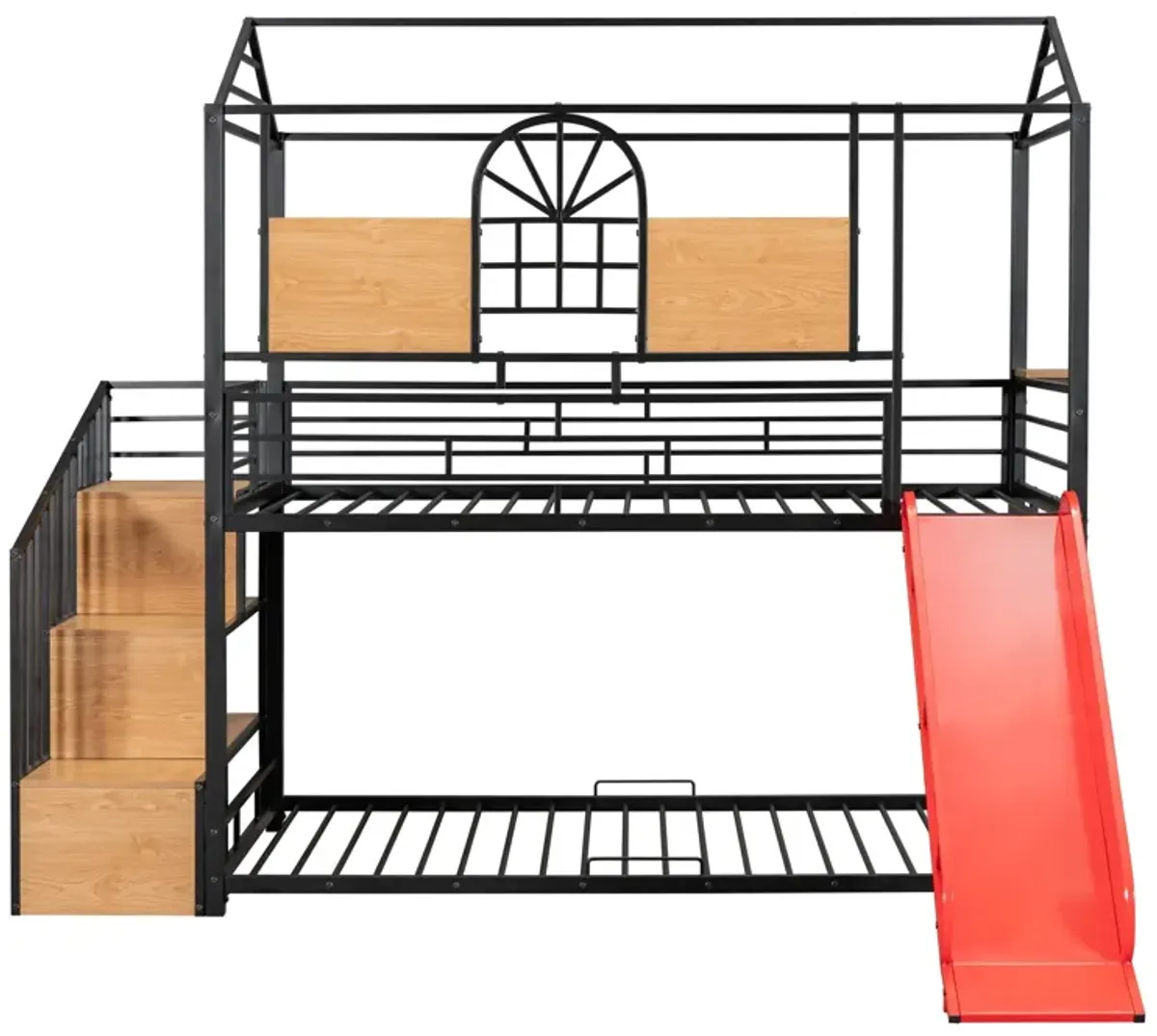 Metal Bunk Bed, Metal Housebed With Slide And Storage Stair