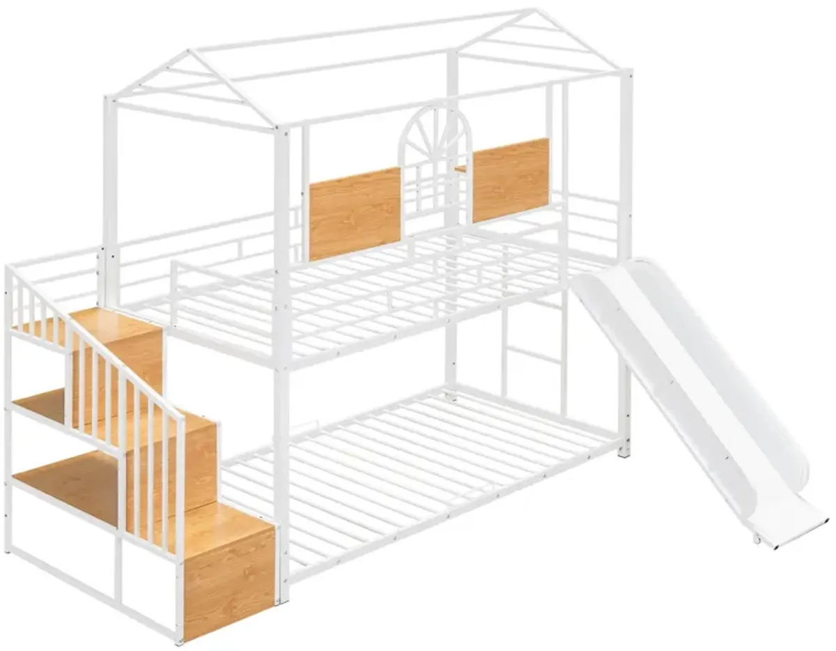 Metal Bunk Bed, Metal Housebed With Slide And Storage Stair