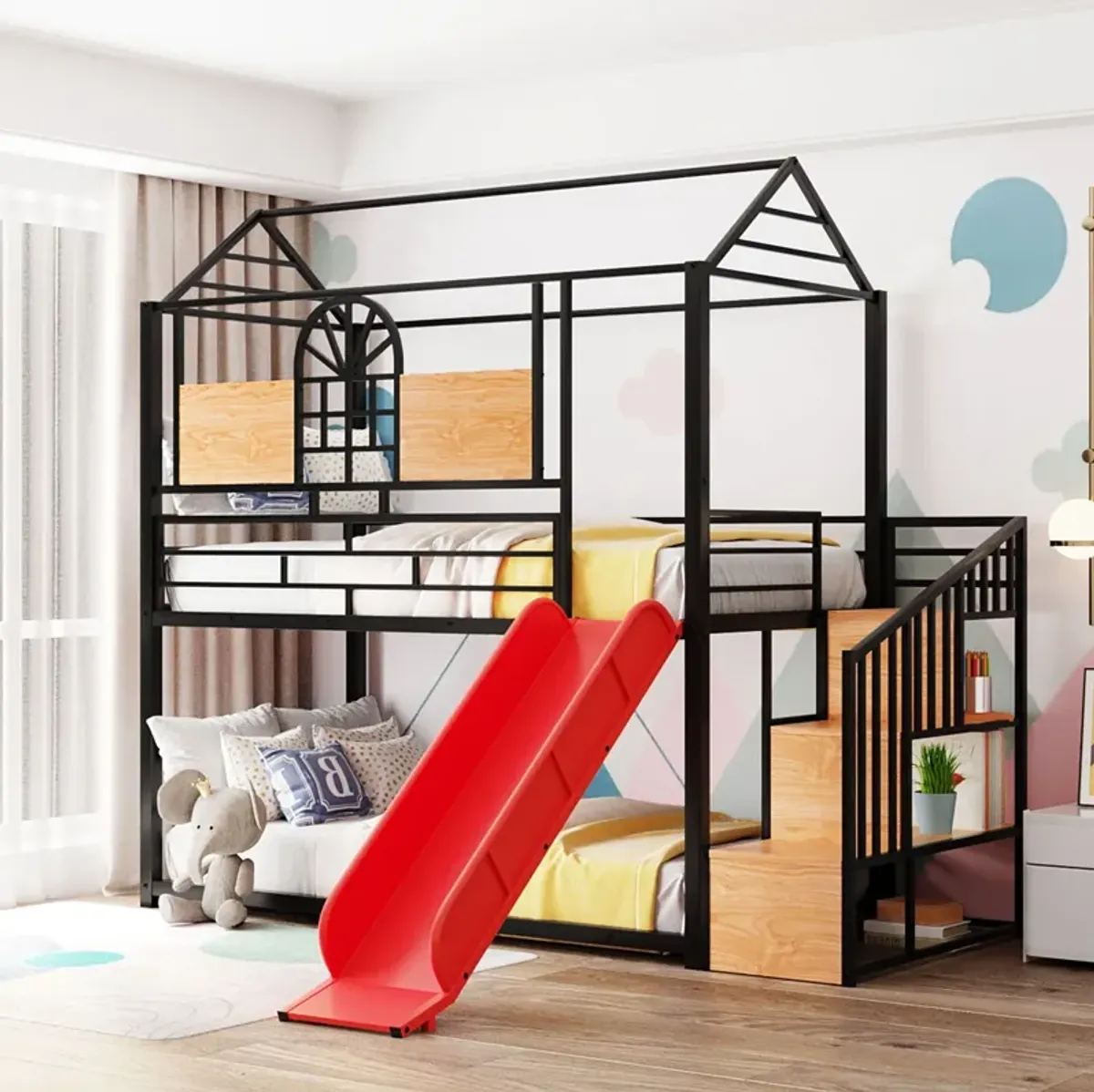 Metal Bunk Bed, Metal Housebed With Slide And Storage Stair