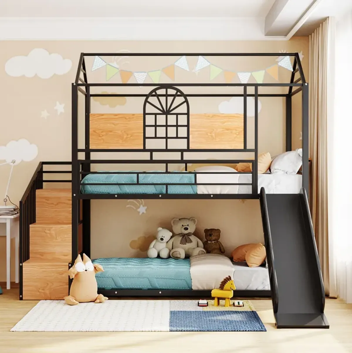 Metal Bunk Bed, Metal Housebed With Slide And Storage Stair