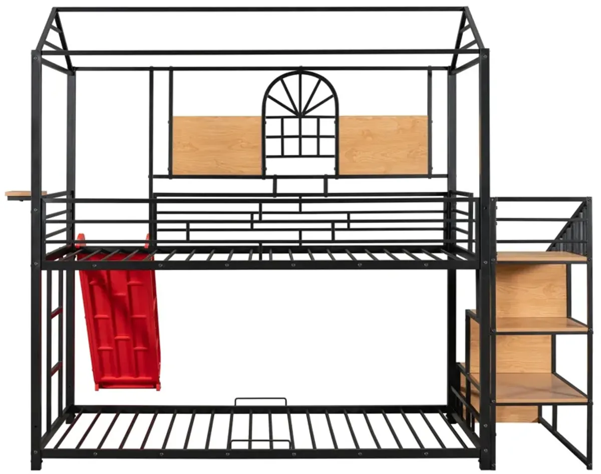 Metal Bunk Bed, Metal Housebed With Slide And Storage Stair