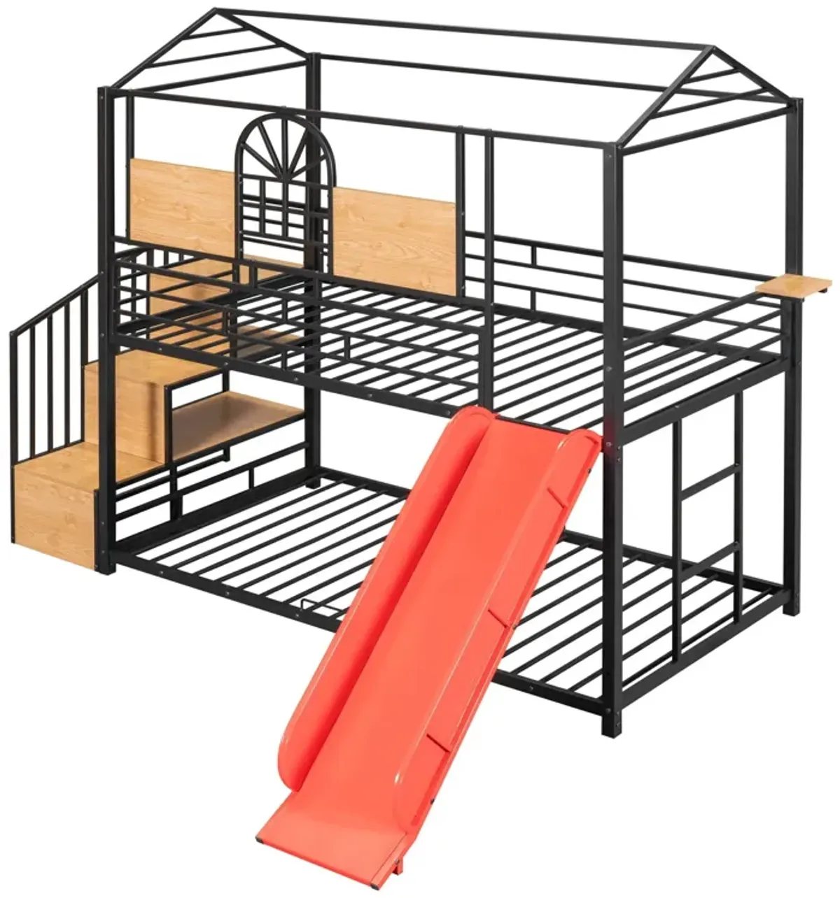 Metal Bunk Bed, Metal Housebed With Slide And Storage Stair