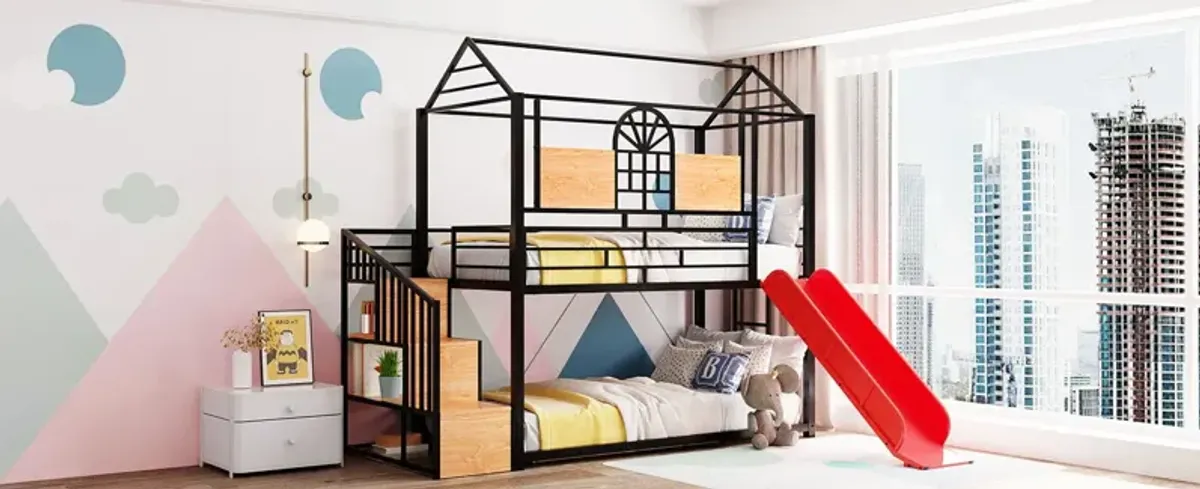 Metal Bunk Bed, Metal Housebed With Slide And Storage Stair