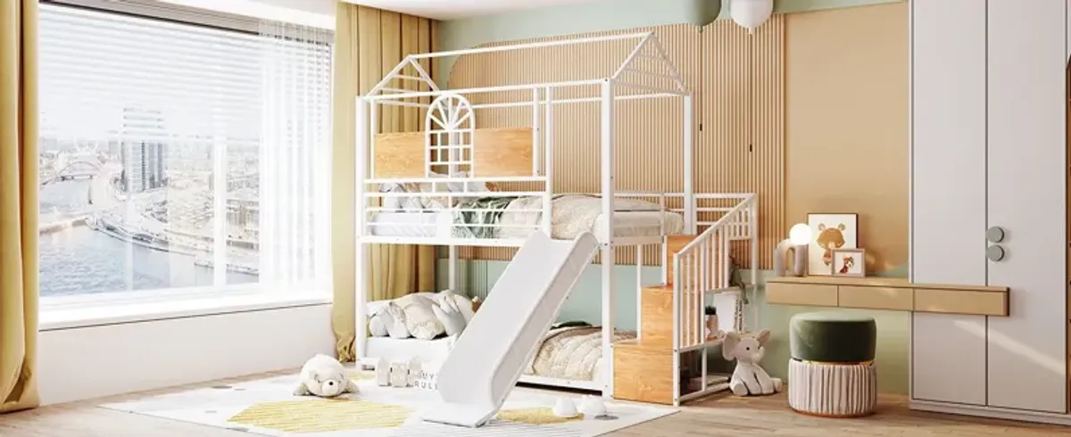 Metal Bunk Bed, Metal Housebed With Slide And Storage Stair