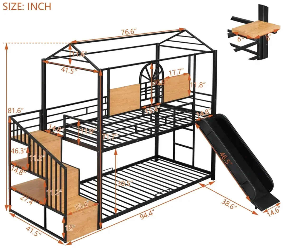 Metal Bunk Bed, Metal Housebed With Slide And Storage Stair