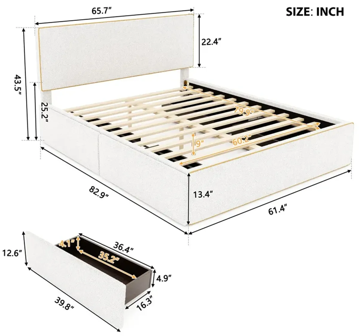 Upholstered Platform Bed With 4 Drawers And Edge On The Headboard & Footboard